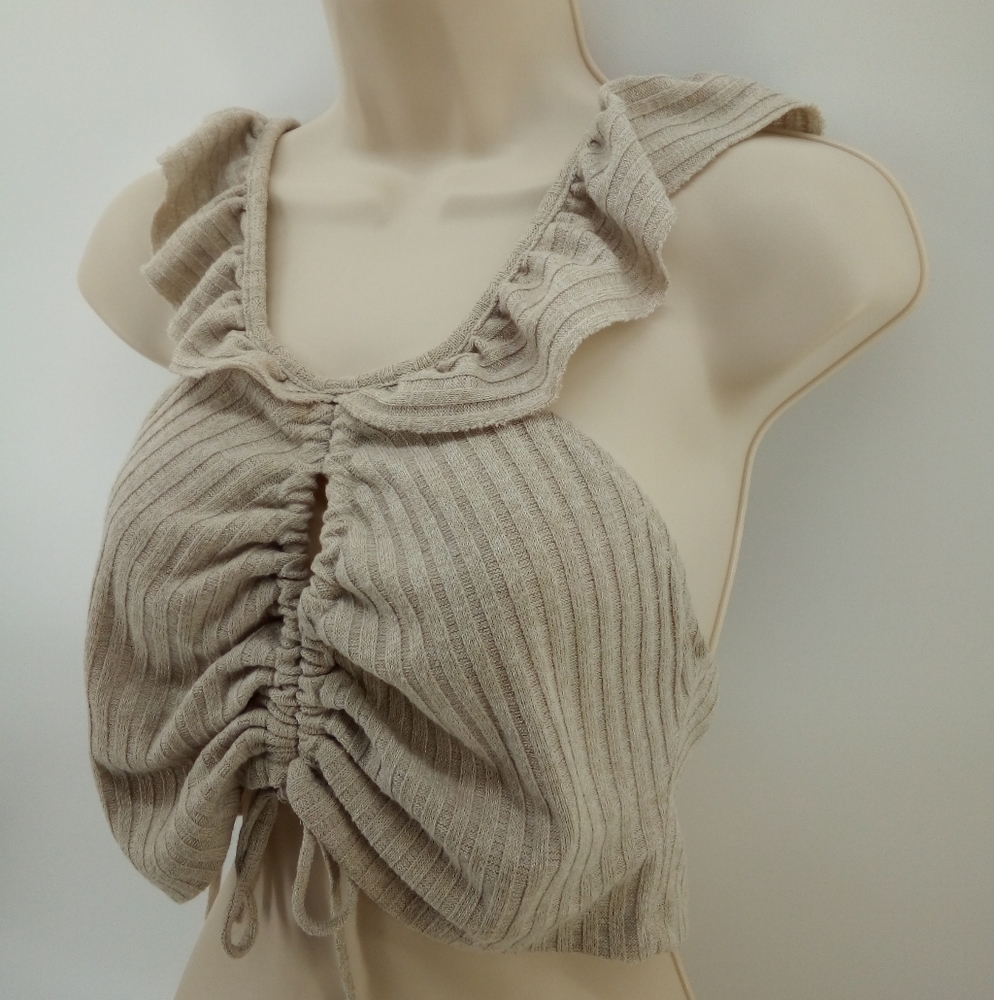 Zara Trafaluc Ruffle Nude Tan Rushed Ribbed Crop Top Large - Picture 4 of 9